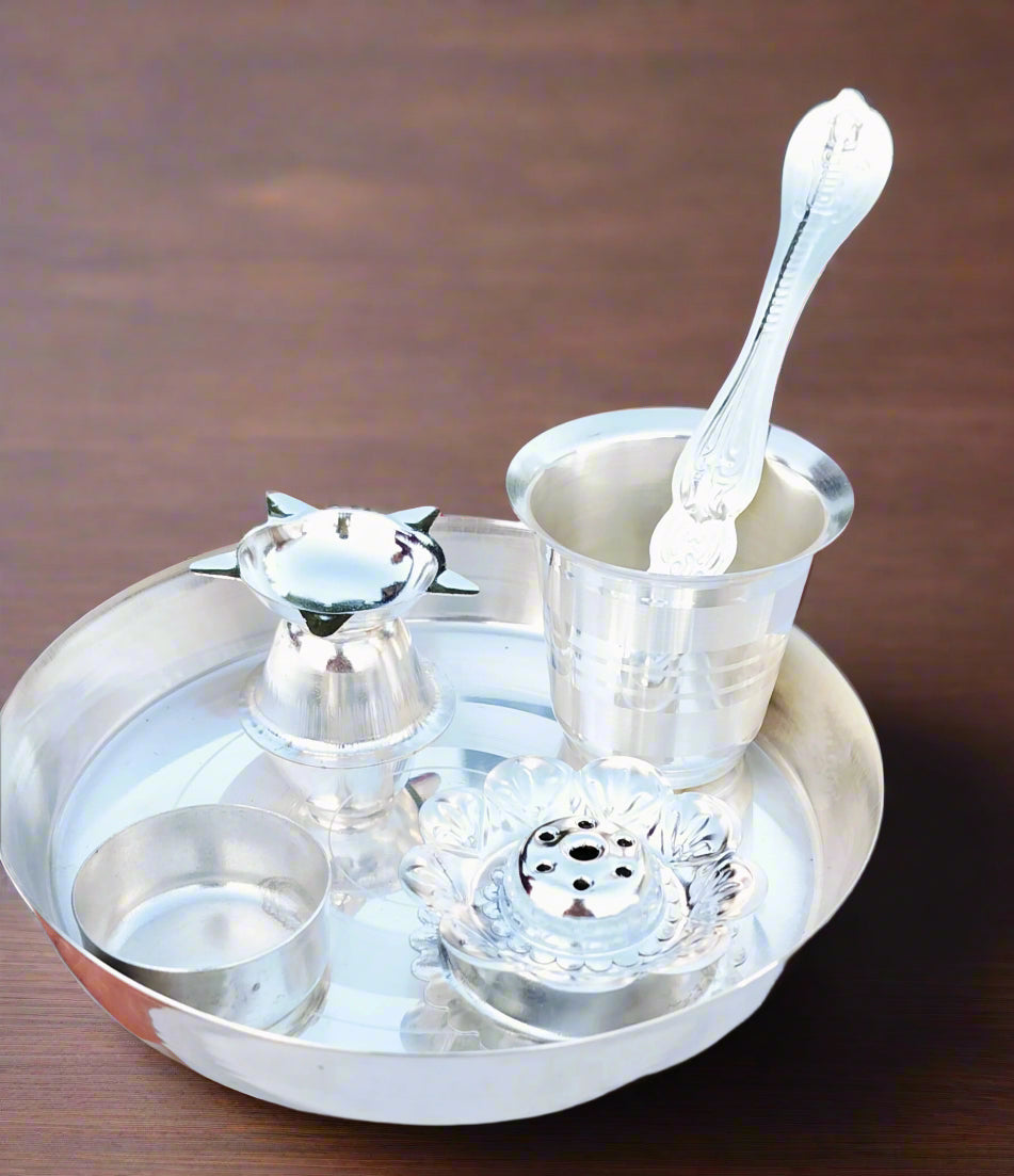German silver small pooja thali set of 6 pieces for housewarming/ diwali pooja