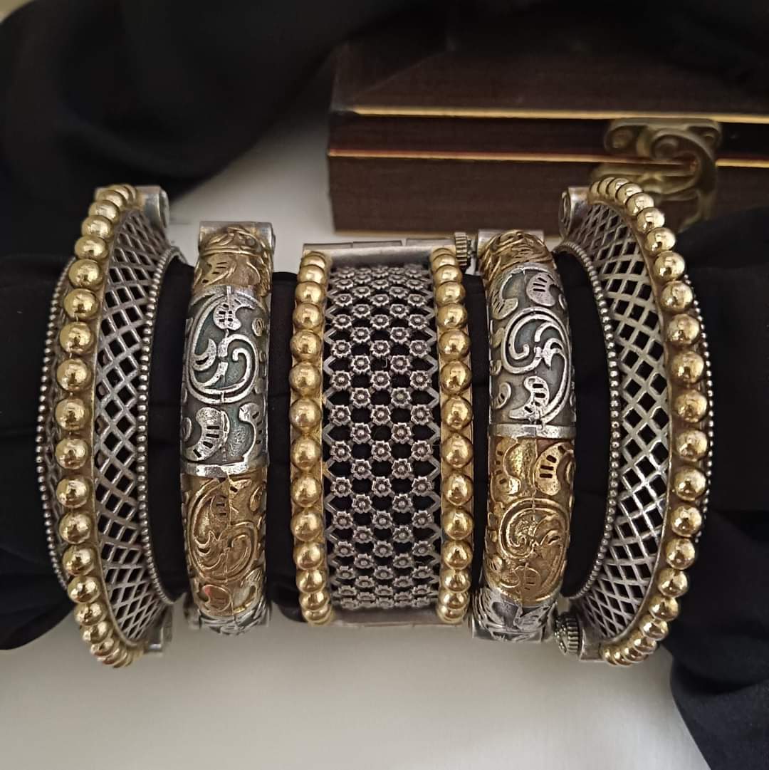 oxidized Silver replica Dual tone openable bangle set of 5 pieces for women