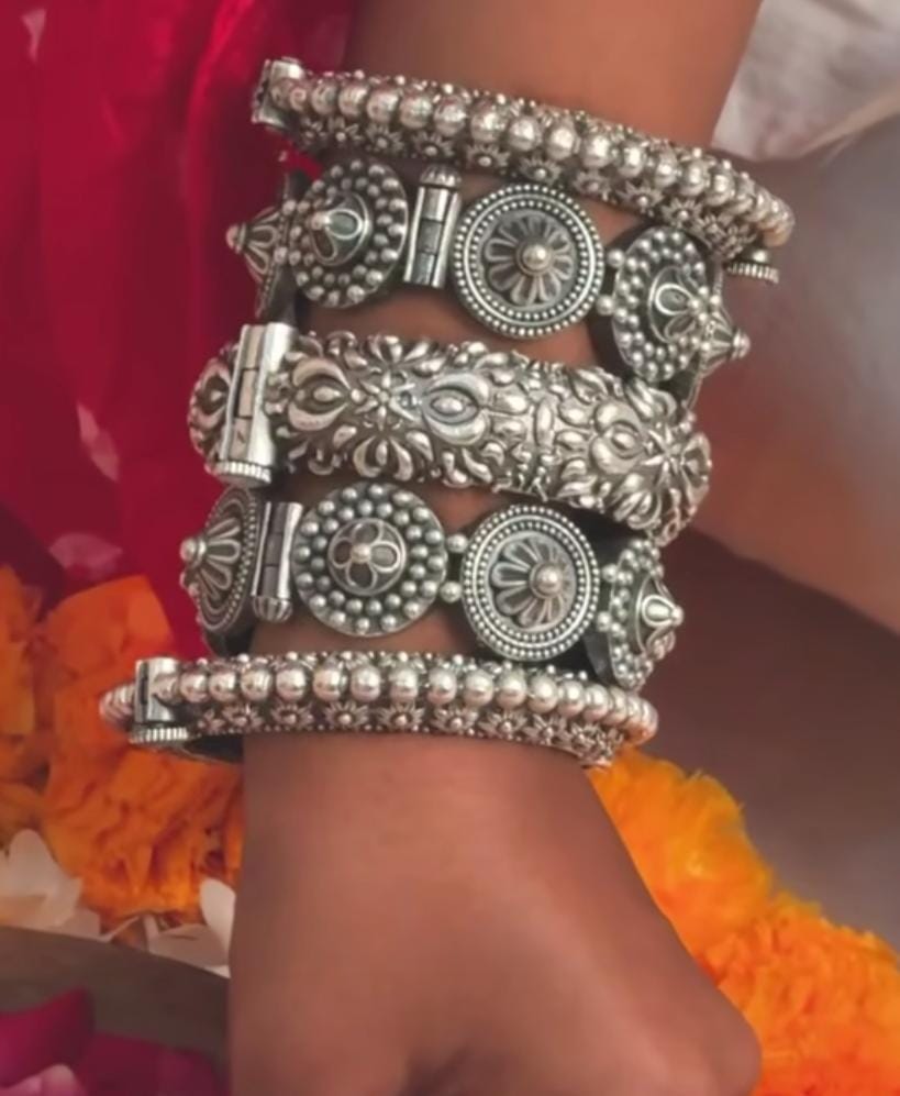 oxidized Silver replica openable bangles stack of 5 pieces for women