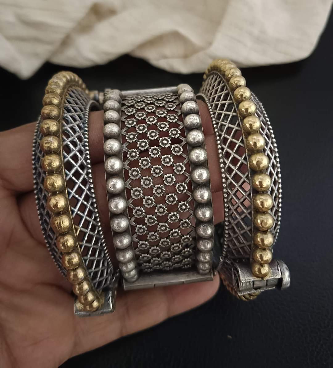 oxidized dual tone Silver replica openable bangles stack of 3 pieces for women