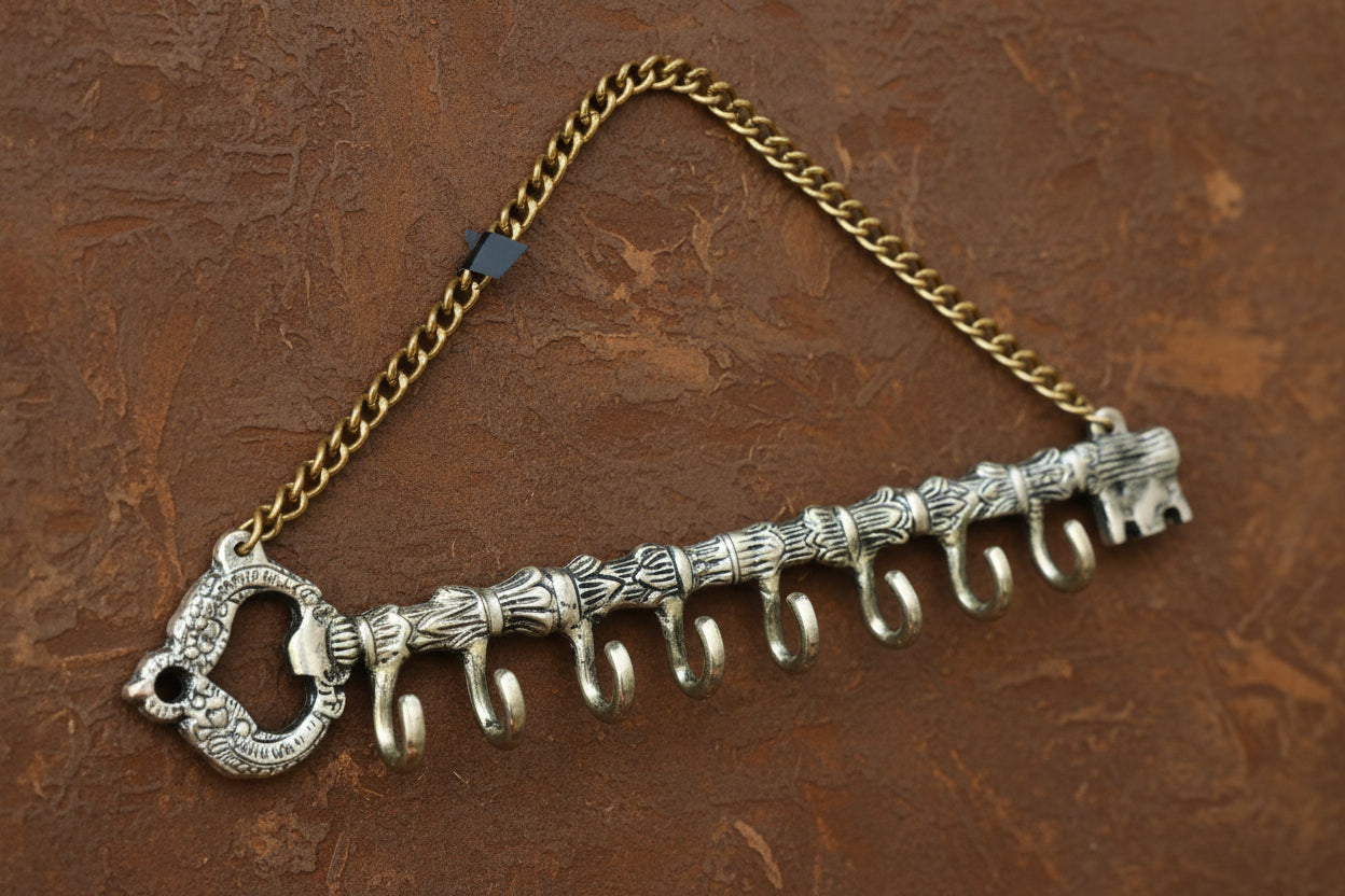 Brass Key Holder – Elegant Key Design Wall Décor with 8 Hooks for Home & Office