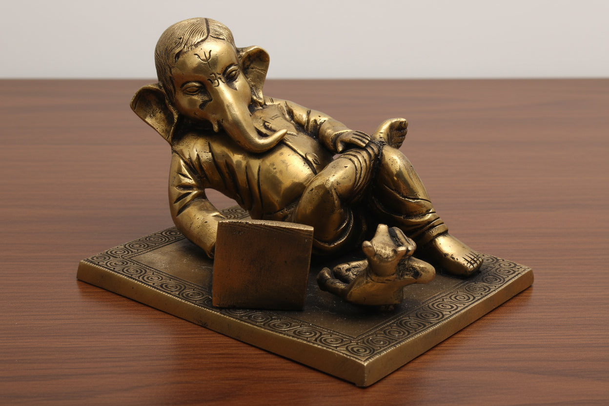 Brass Ganesh Reading Book Statue – Auspicious Home Décor, Wisdom & Knowledge Symbol, Spiritual Gift