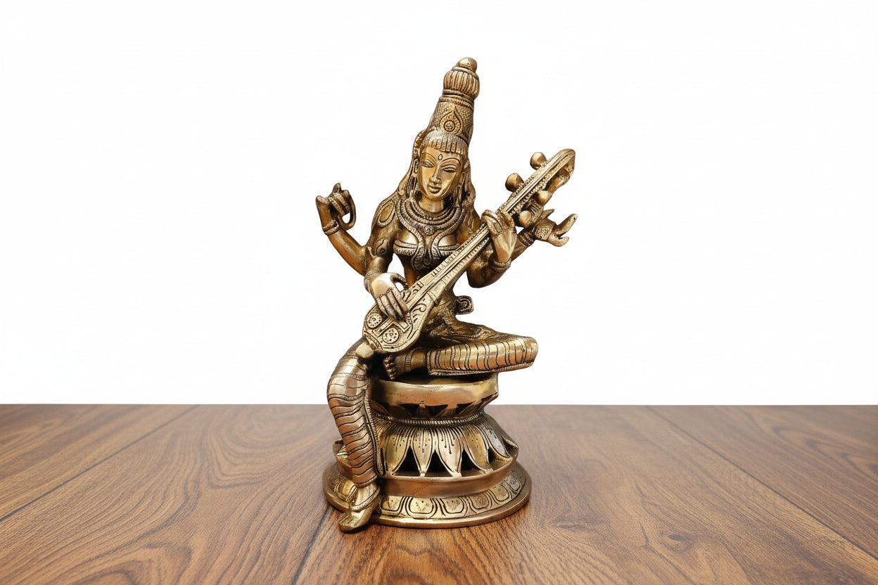 Brass Saraswati Idol – Goddess of Knowledge, Wisdom & Arts Statue for Home Temple & Spiritual Décor”
