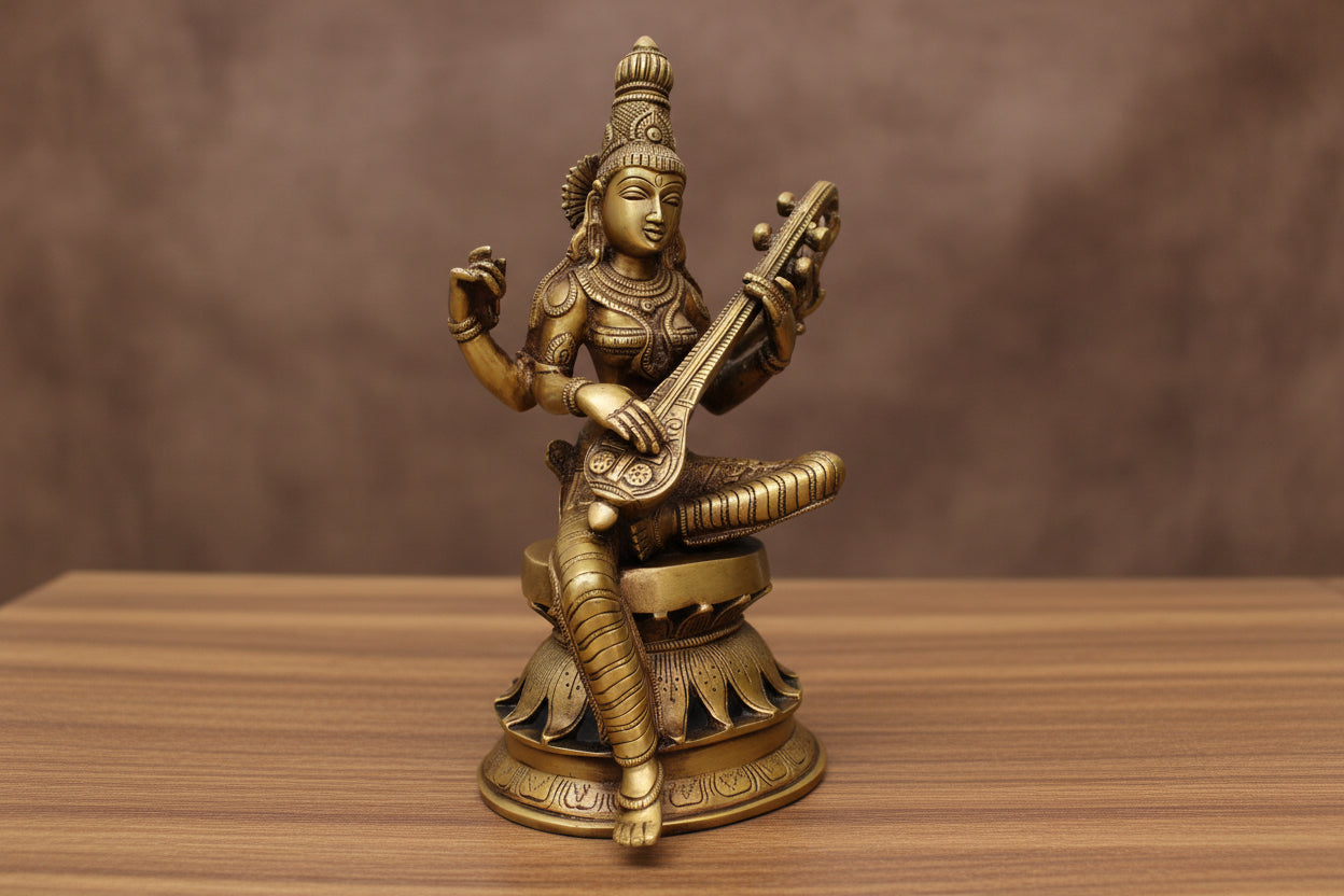 Brass Saraswati Idol – Goddess of Knowledge, Wisdom & Arts Statue for Home Temple & Spiritual Décor”