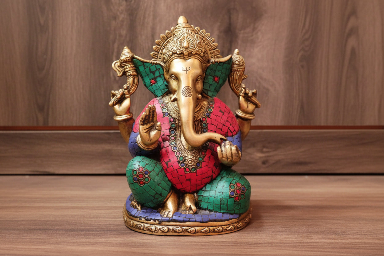 Brass with stonework Ganesh Idol – Lord Ganesha Statue for Home Temple