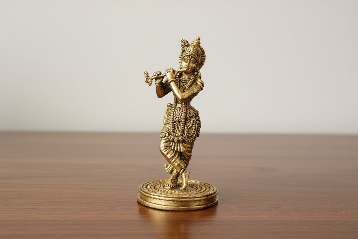 Brass Krishna Statue Playing Flute – Divine Home Temple Décor, Auspicious Spiritual Gift