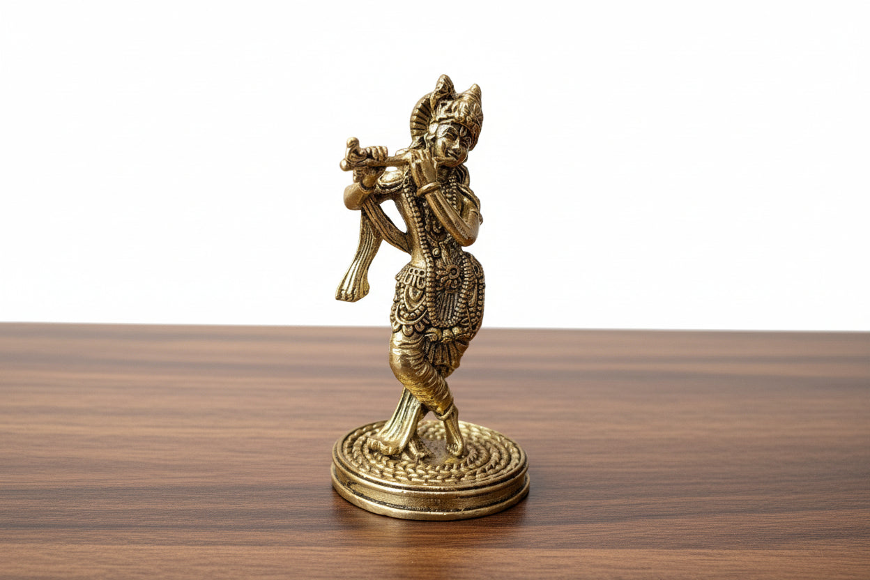Brass Krishna Statue Playing Flute – Divine Home Temple Décor, Auspicious Spiritual Gift