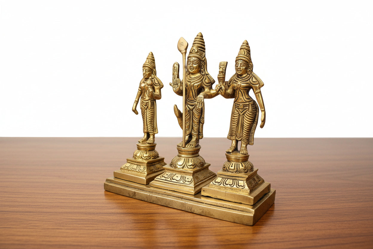 Handcrafted Brass Murugan Family Idol with Valli & Deivanai – Divine Protection, Victory & Spiritual Decor