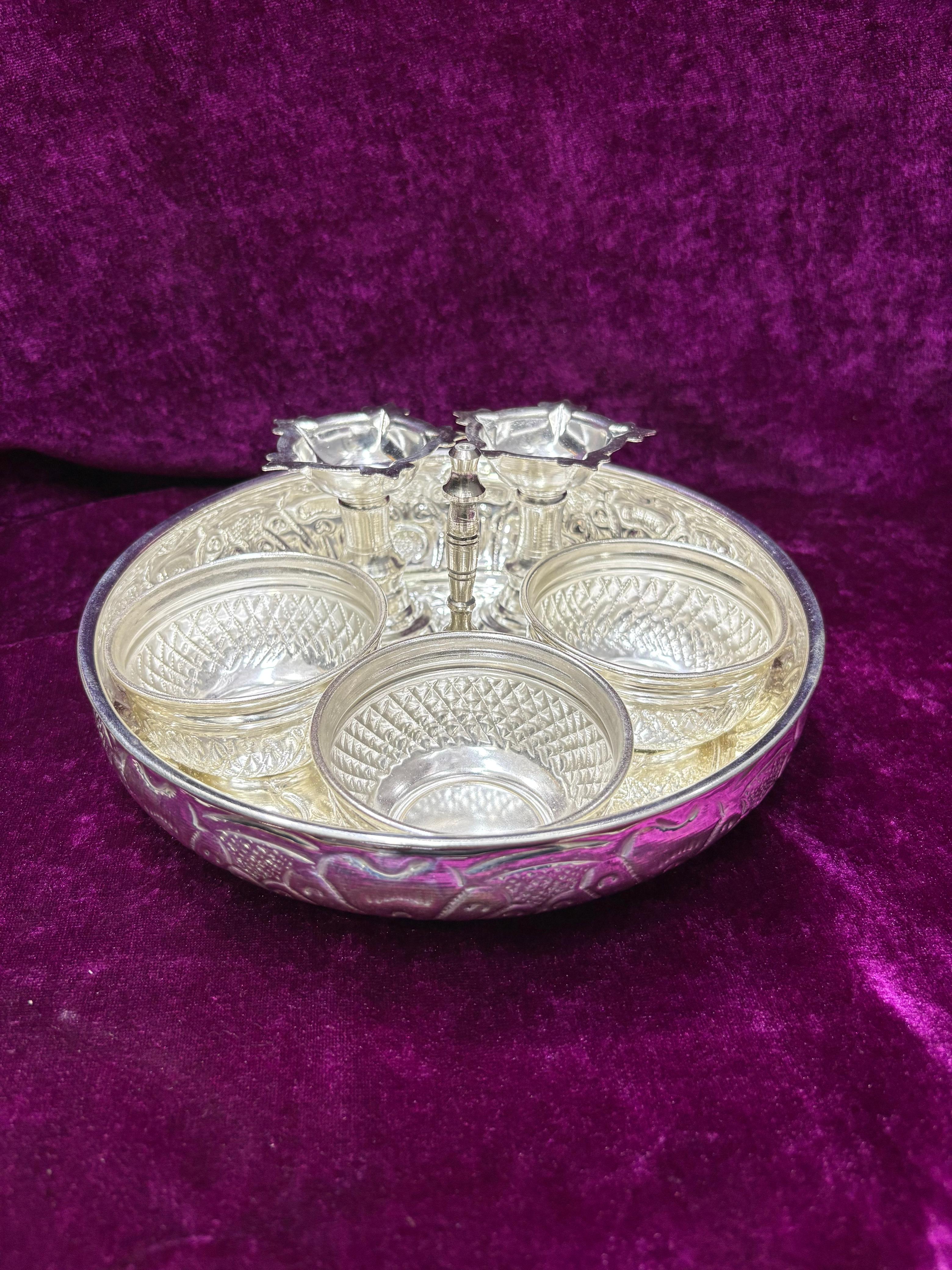 German Silver Pooja Thali Set – 7 Pieces for Housewarming, Festivals & Auspicious Ceremonies