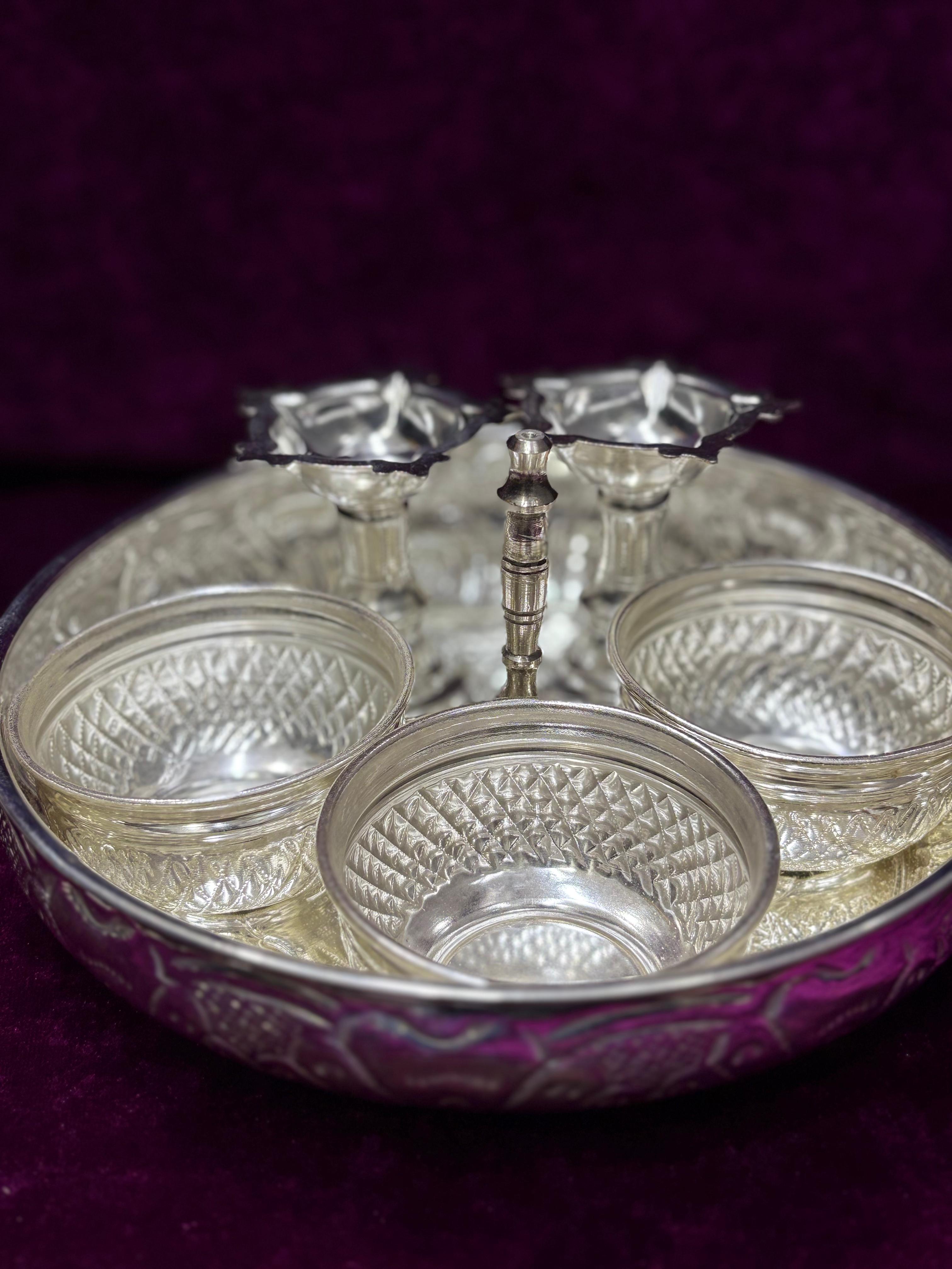 German Silver Pooja Thali Set – 7 Pieces for Housewarming, Festivals & Auspicious Ceremonies
