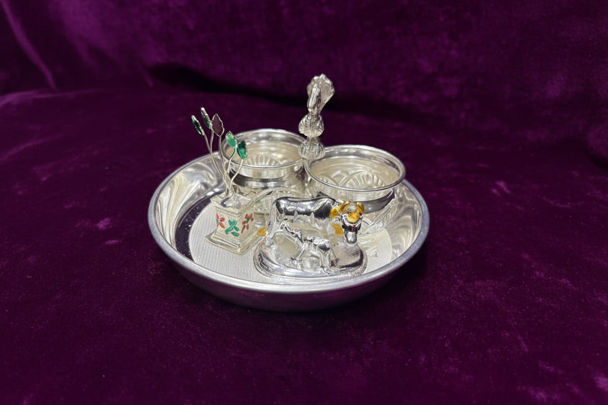 German Silver Pooja Thali Set – 4 Pieces for Housewarming, Festivals & Auspicious Ceremonies