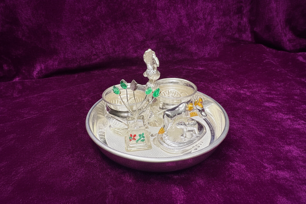 German Silver Pooja Thali Set – 4 Pieces for Housewarming, Festivals & Auspicious Ceremonies