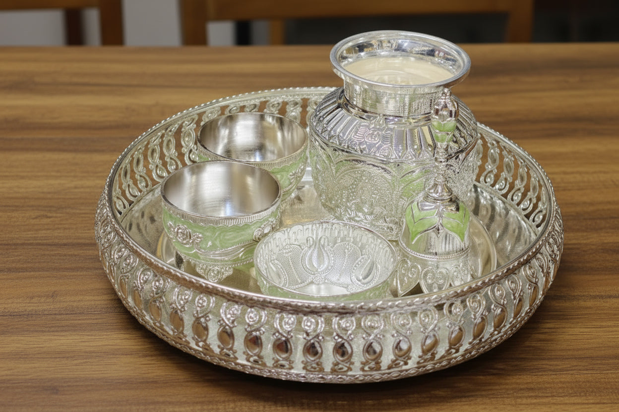German Silver Pooja Thali Set – 6 Pieces for Housewarming, Festivals & Auspicious Ceremonies, color : green