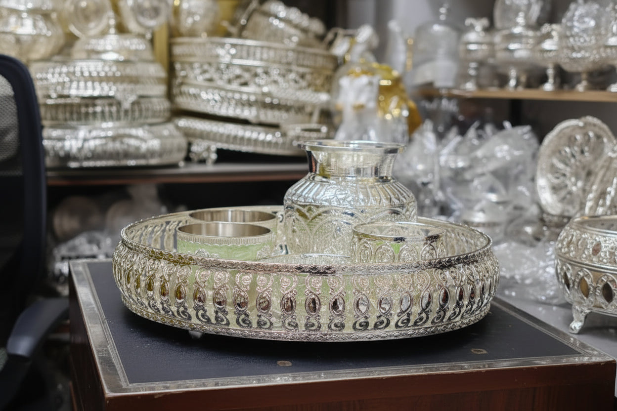 German Silver Pooja Thali Set – 6 Pieces for Housewarming, Festivals & Auspicious Ceremonies, color : green