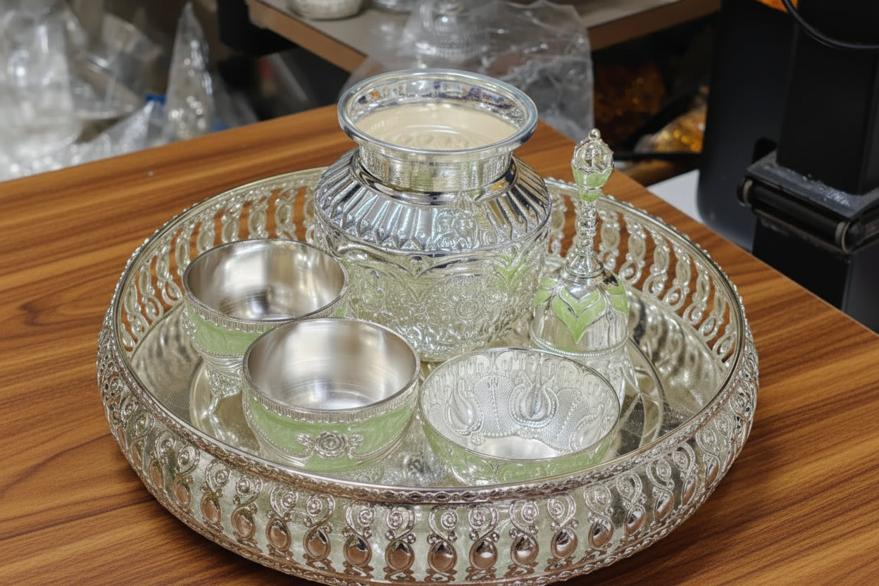 German Silver Pooja Thali Set – 6 Pieces for Housewarming, Festivals & Auspicious Ceremonies, color : green