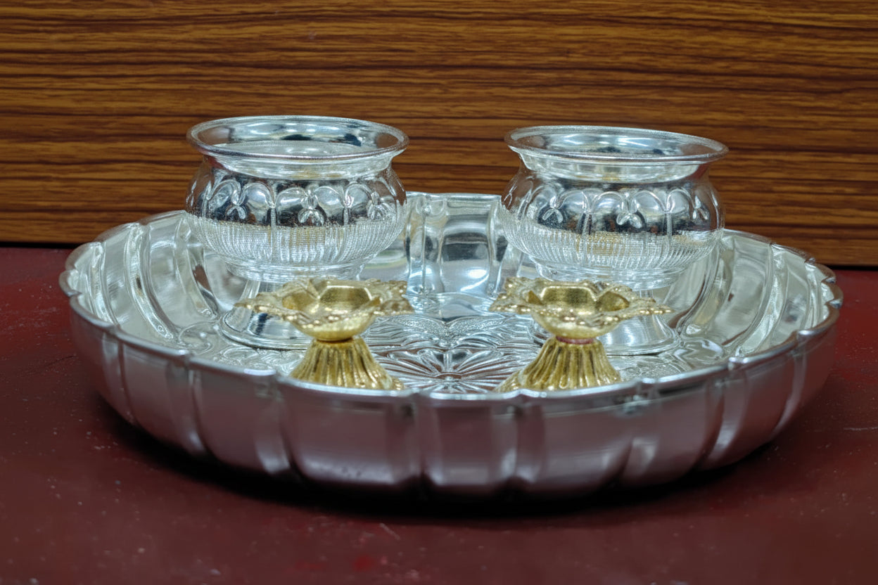 German Silver Pooja Thali Set – 5 Pieces for Housewarming, Festivals & Auspicious Ceremonies
