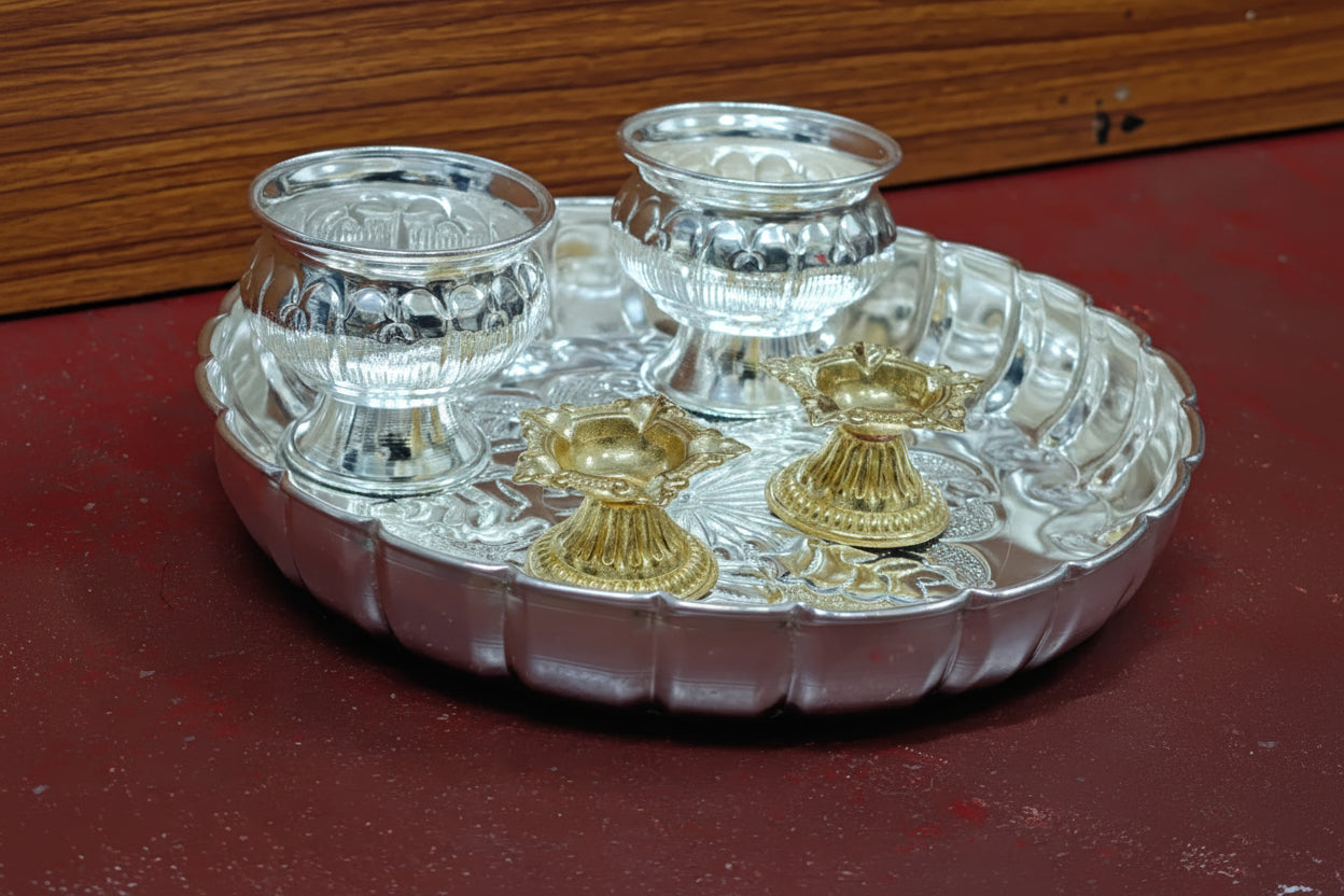 German Silver Pooja Thali Set – 5 Pieces for Housewarming, Festivals & Auspicious Ceremonies