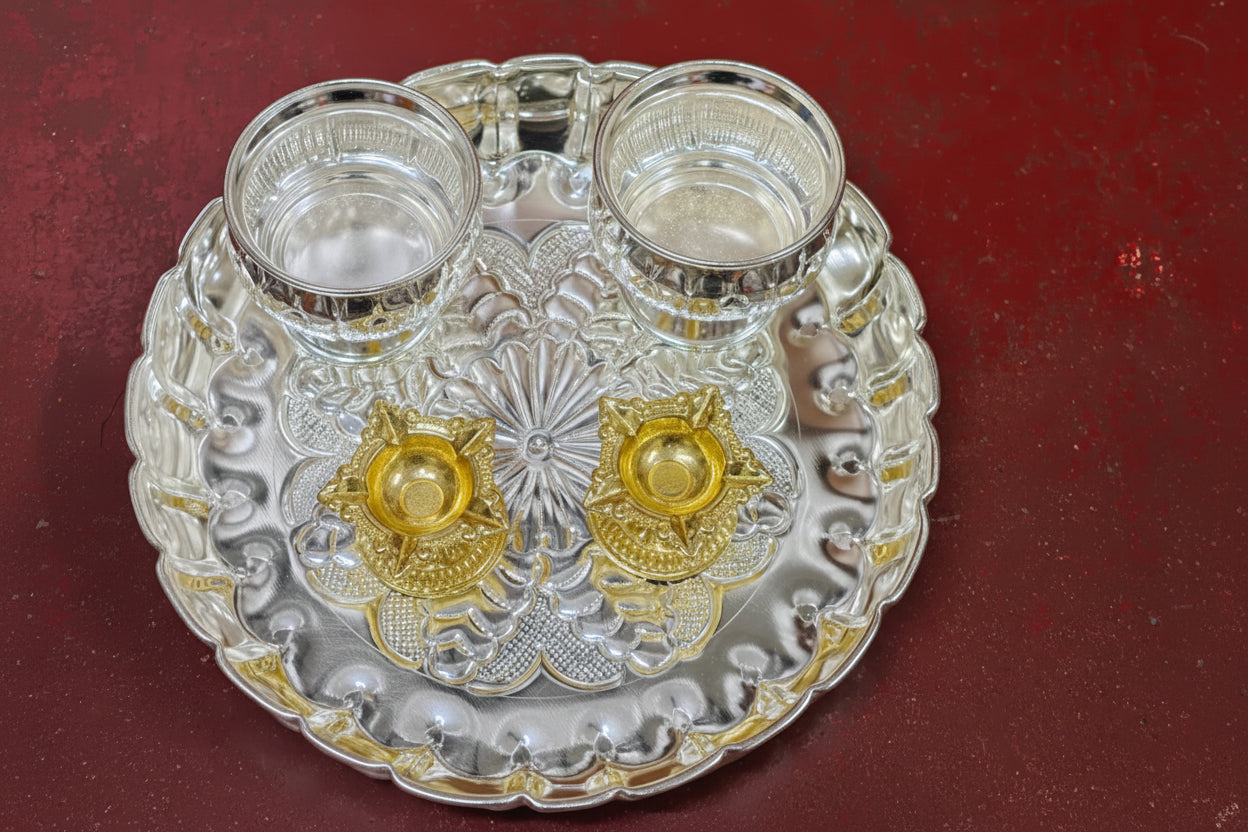 German Silver Pooja Thali Set – 5 Pieces for Housewarming, Festivals & Auspicious Ceremonies
