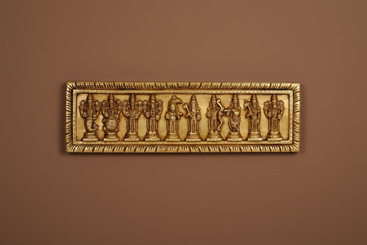 Handcrafted Brass Dashavatara Wall Hanging – Lord Vishnu’s Ten Incarnations (Dasavatharam) – Divine Protection & Spiritual Decor