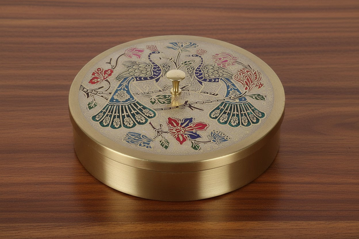 Handcrafted Brass Peacock Design Spice Box with meenakari work – Traditional Masala Dabba for Kitchen & Gifting