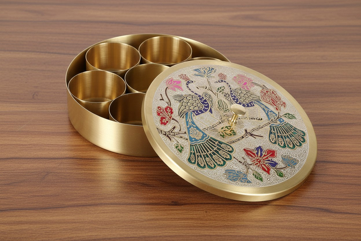 Handcrafted Brass Peacock Design Spice Box with meenakari work – Traditional Masala Dabba for Kitchen & Gifting