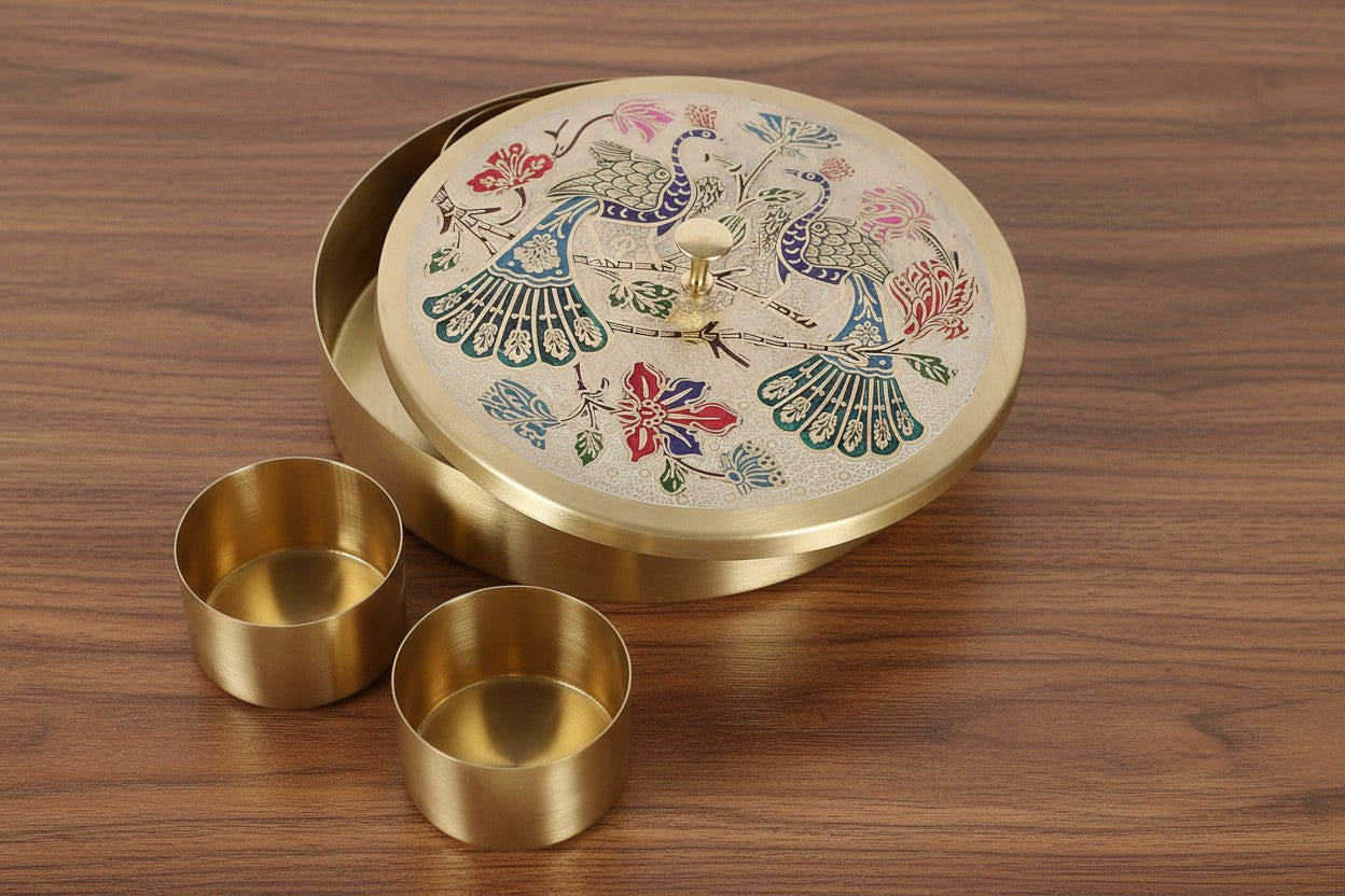 Handcrafted Brass Peacock Design Spice Box with meenakari work – Traditional Masala Dabba for Kitchen & Gifting