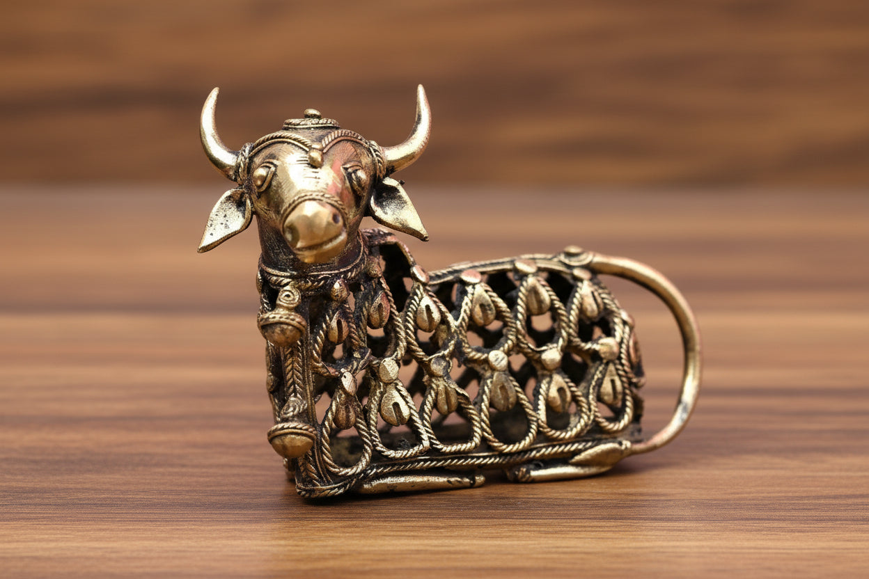 Handcrafted Brass Hollow Jali Nandi Sitting Statue  – Traditional Home Décor & Spiritual Blessings