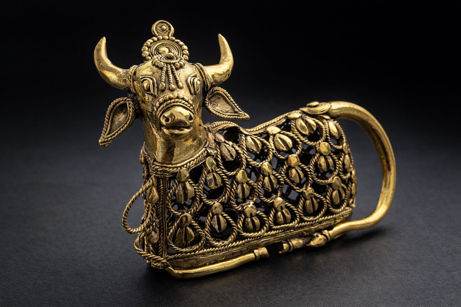 Handcrafted Brass Hollow Jali Nandi Sitting Statue  – Traditional Home Décor & Spiritual Blessings
