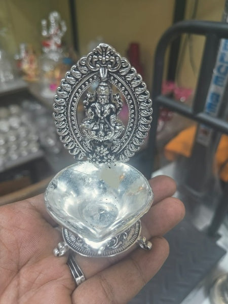 German Silver Lakshmi Diya Fully Carved for Housewarming Pooja/ Temple/Wedding, medium, 010224a