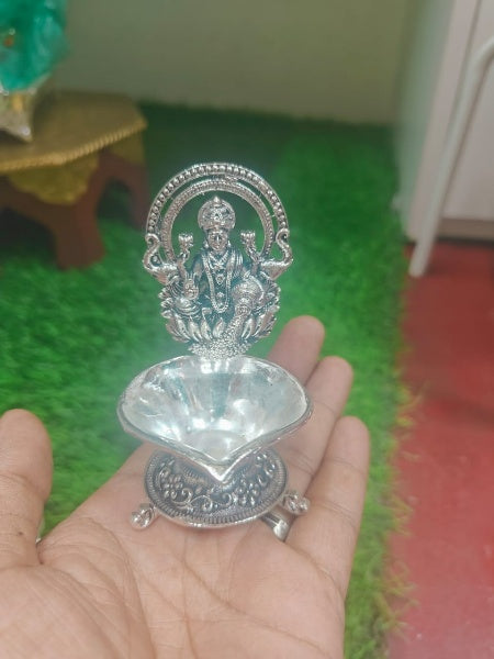 German Silver Fully Carved 3""-4"" Size Lakshmi Diya Set of 2 Pieces