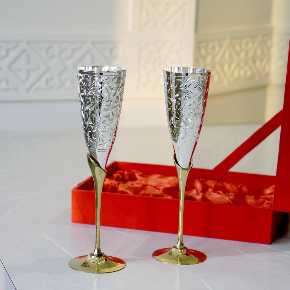 brass etched work set of 2 glasses in a gift box for gifting