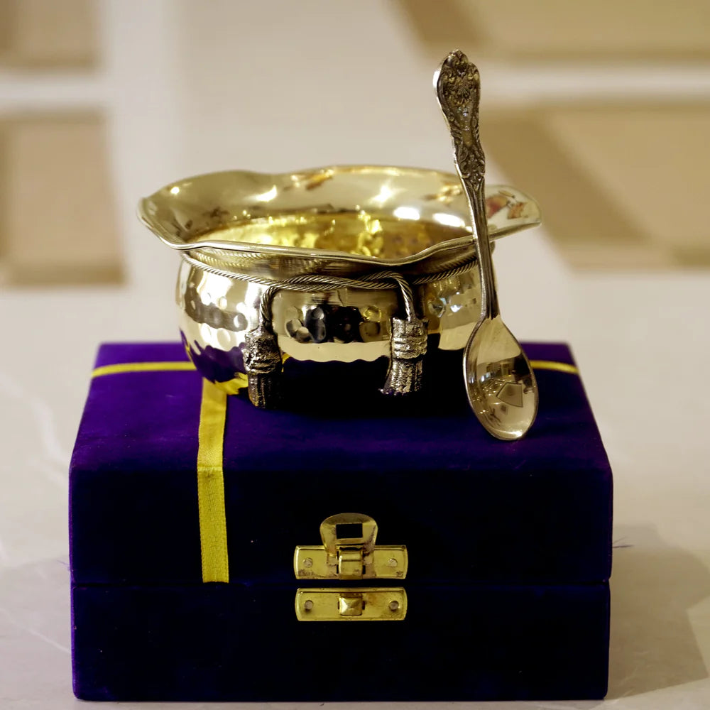 brass tie bowl with velvet box fir fruits/ snacks/ gift item, 4.5"