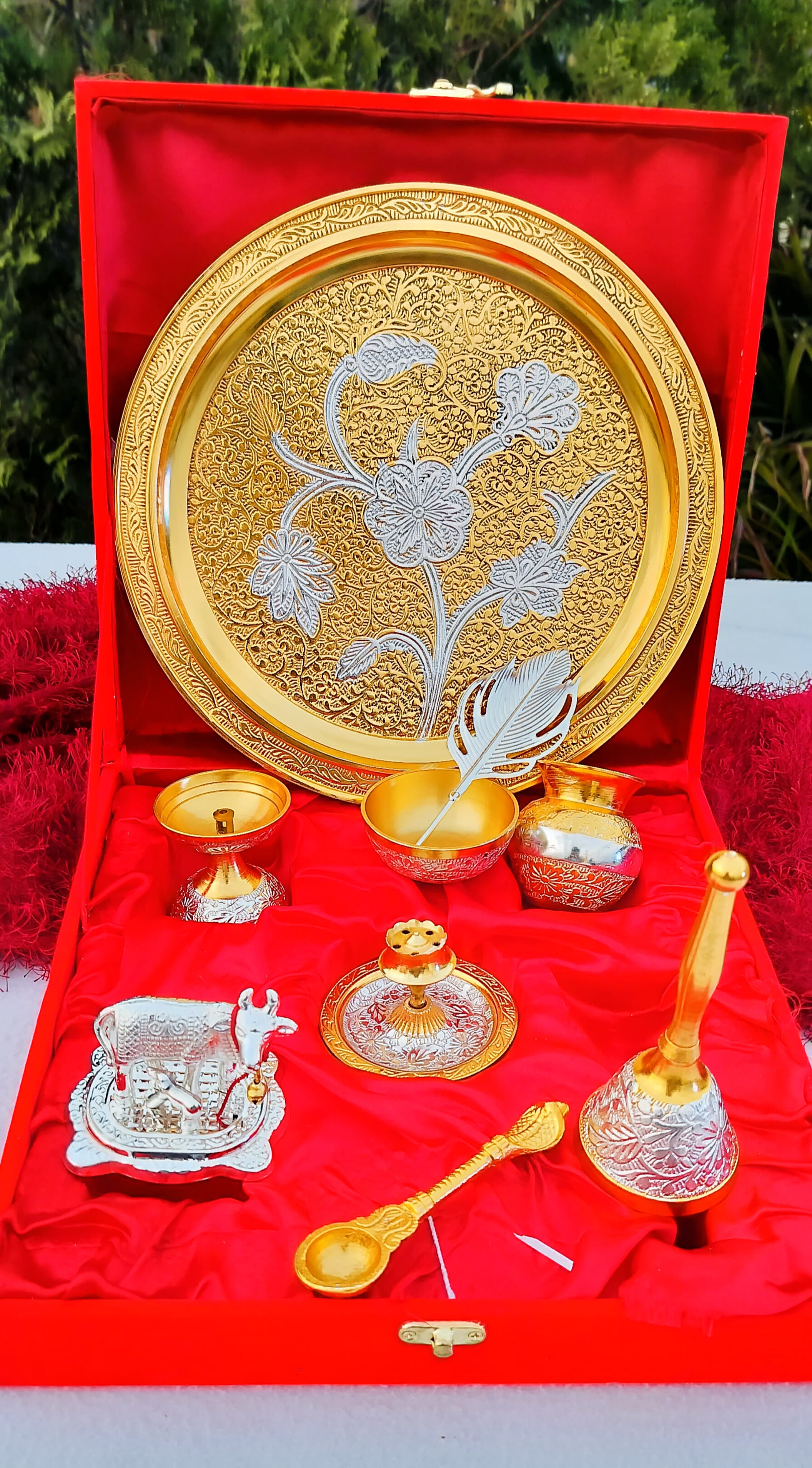 dual tone german silver pooja thali set for housewarming/ diwali
