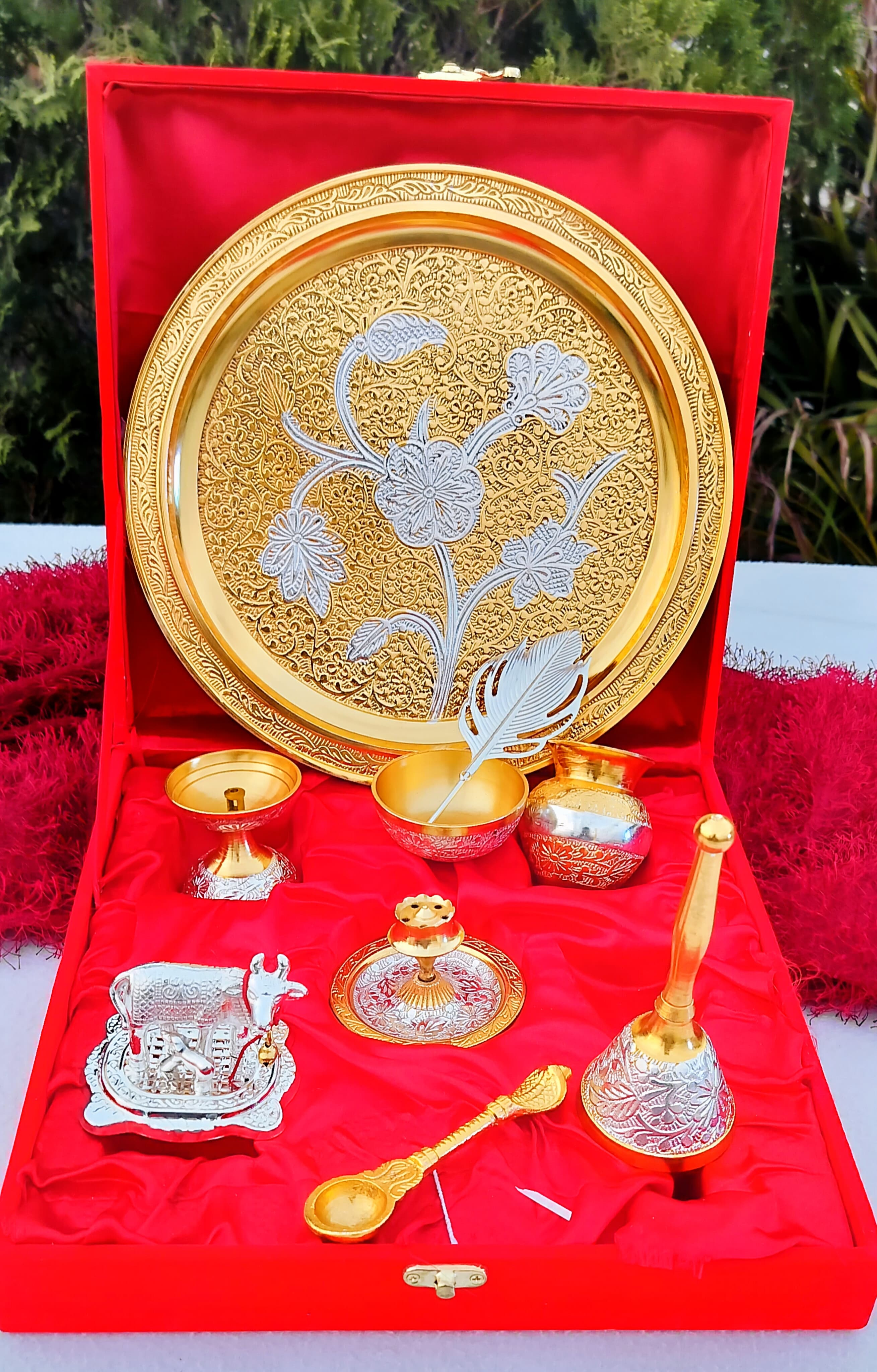 dual tone german silver pooja thali set for housewarming/ diwali