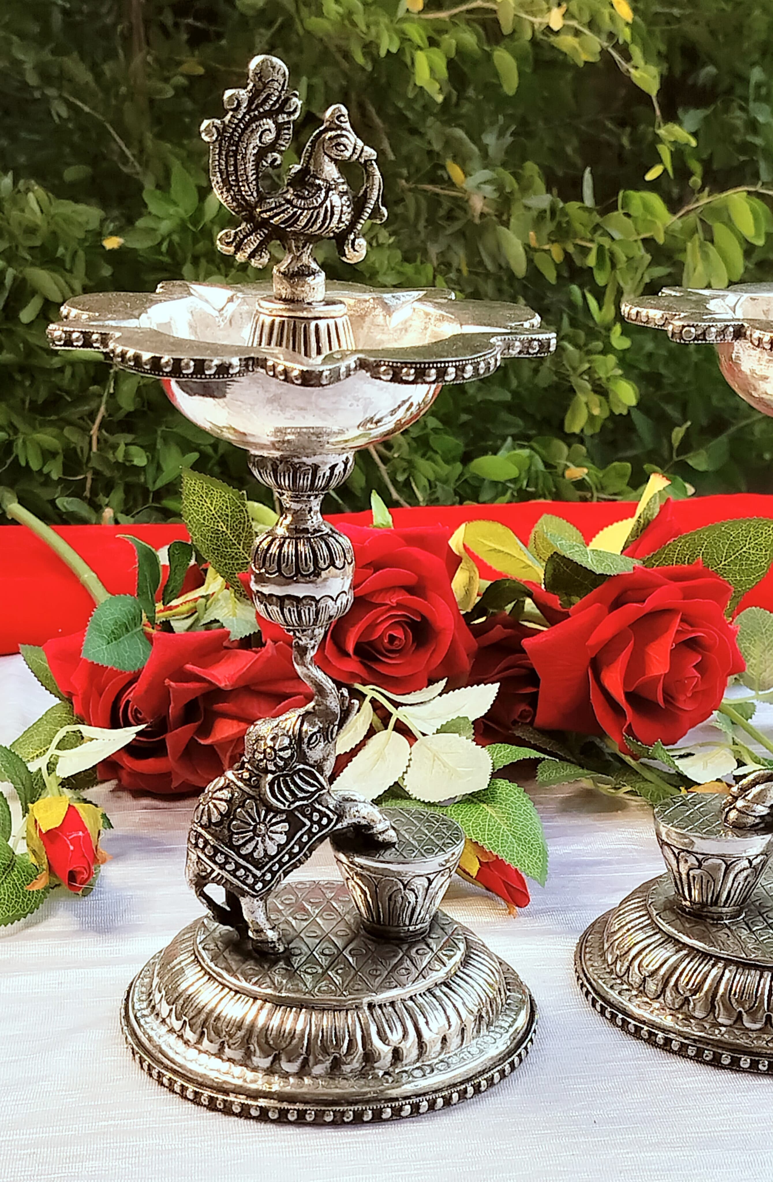 german silver elephant diya set for home décor/housewarming