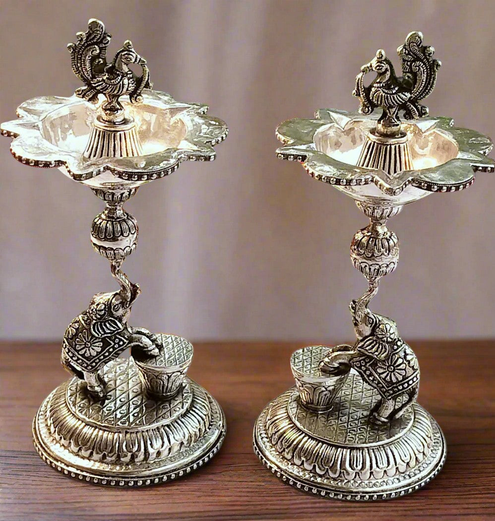 german silver elephant diya set for home décor/housewarming