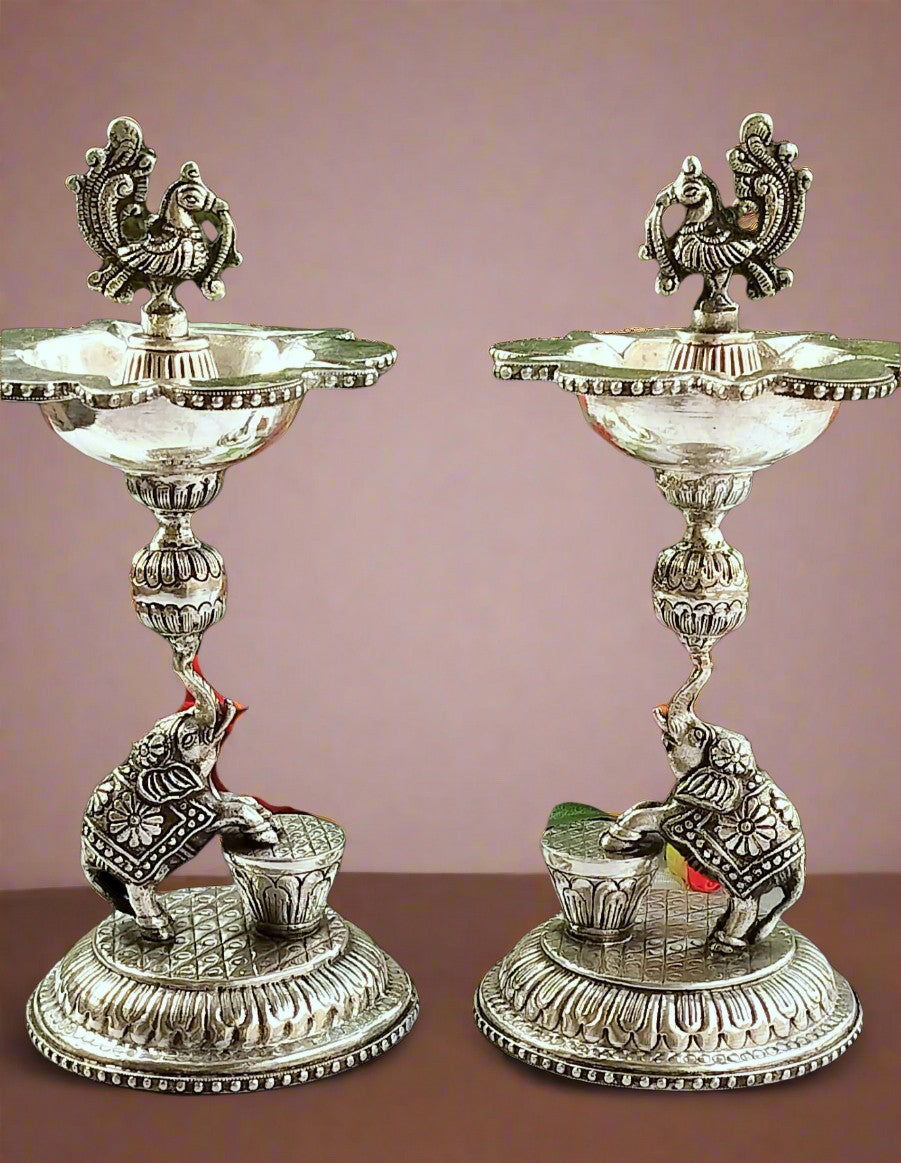 german silver elephant diya set for home décor/housewarming