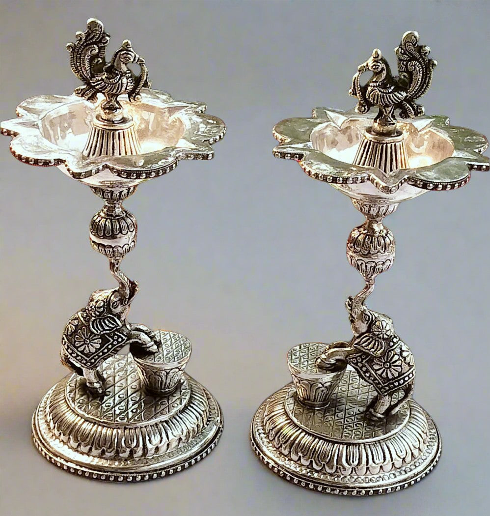german silver elephant diya set for home décor/housewarming