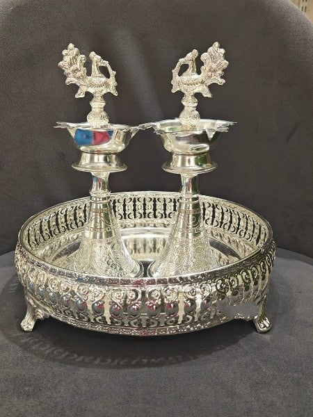 german silver tray with cone diya set for housewarming/ diwali