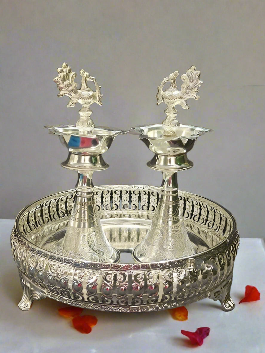 german silver tray with cone diya set for housewarming/ diwali