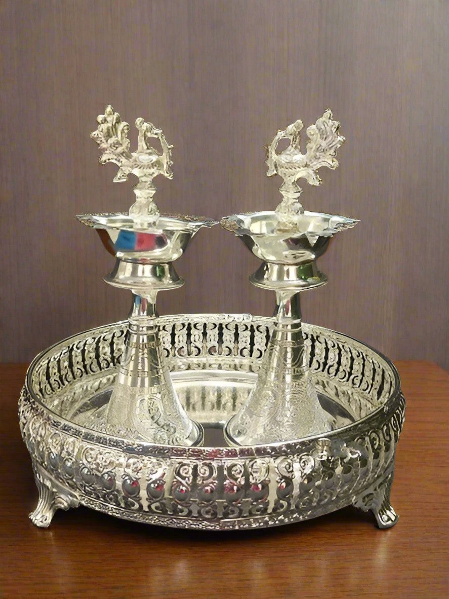 german silver tray with cone diya set for housewarming/ diwali