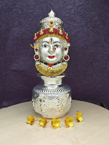 german silver lakshmi face with ashtalakshmi kalash and 5 flowers