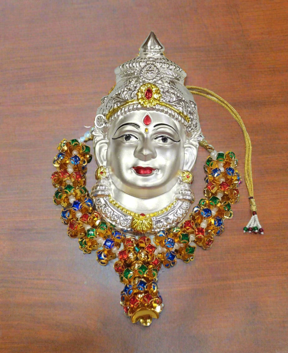 german silver set of lakshmi face with colorful mala for pooja/ home décor/ gift item
