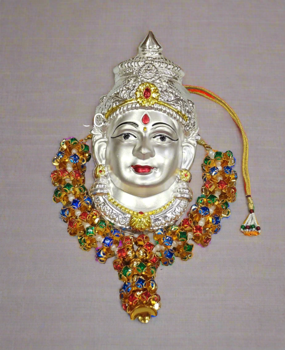 german silver set of lakshmi face with colorful mala for pooja/ home décor/ gift item
