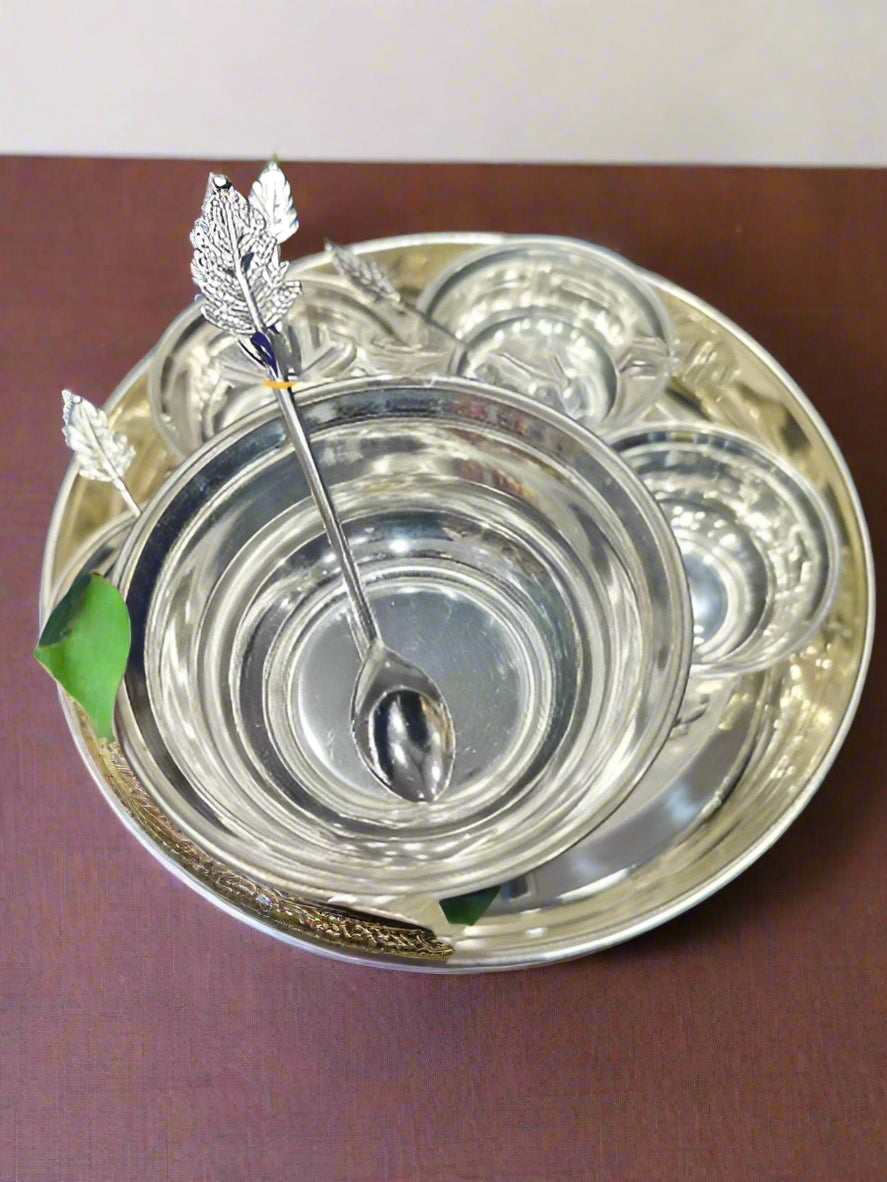 german silver plate with bowls and spoon set for sweets/ snacks/ pooja