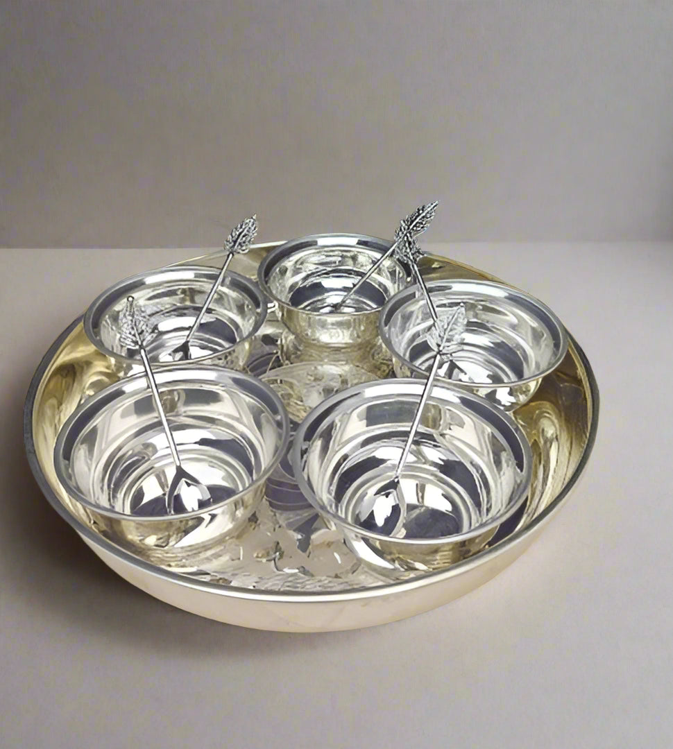 german silver plate with bowls and spoon set for sweets/ snacks/ pooja
