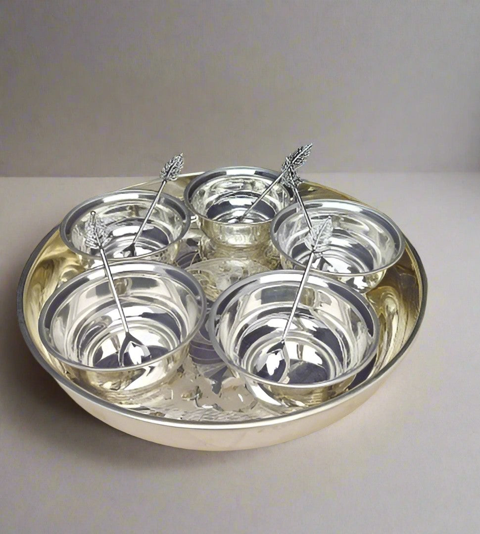 german silver plate with bowls and spoon set for sweets/ snacks/ pooja