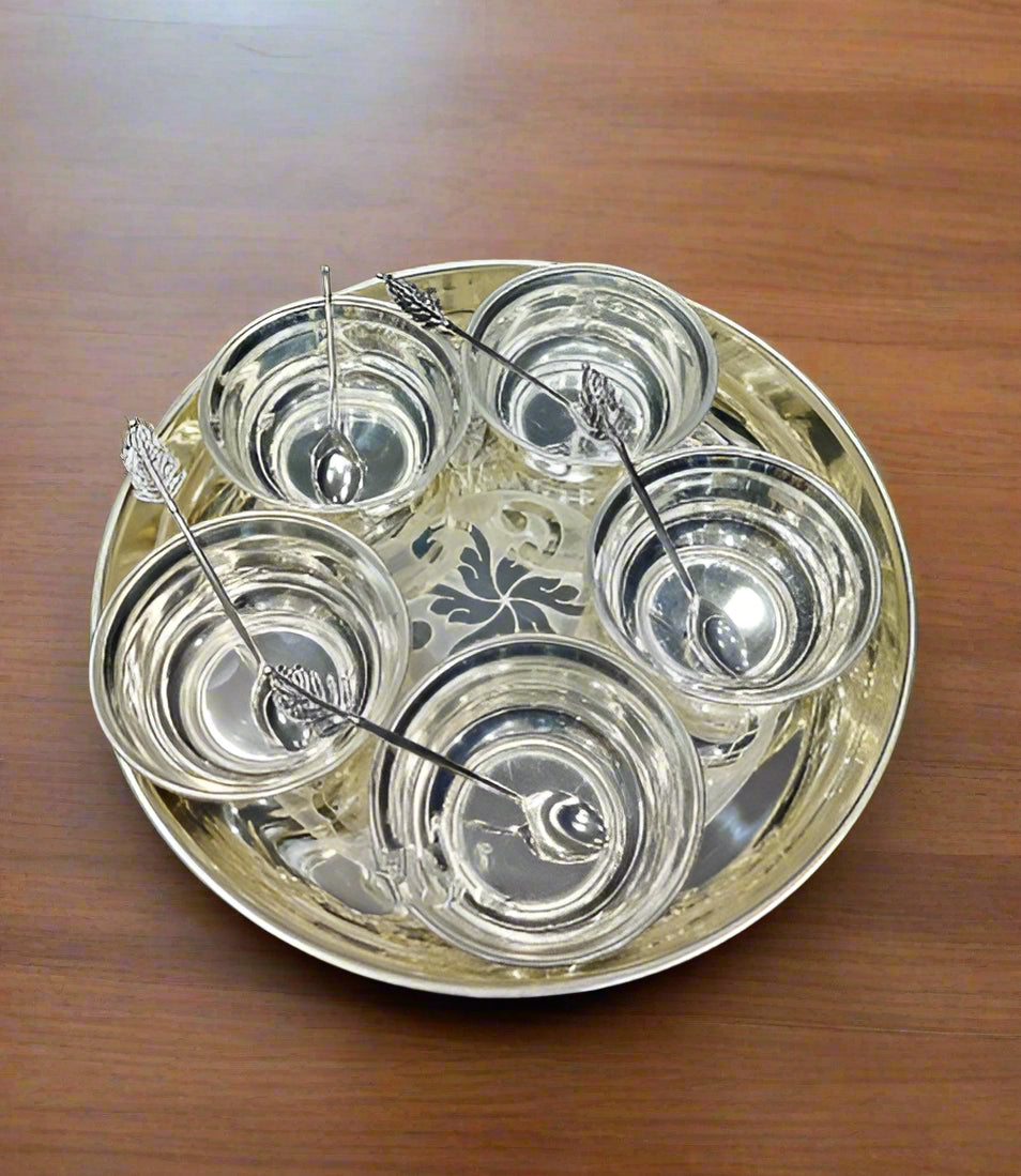german silver plate with bowls and spoon set for sweets/ snacks/ pooja