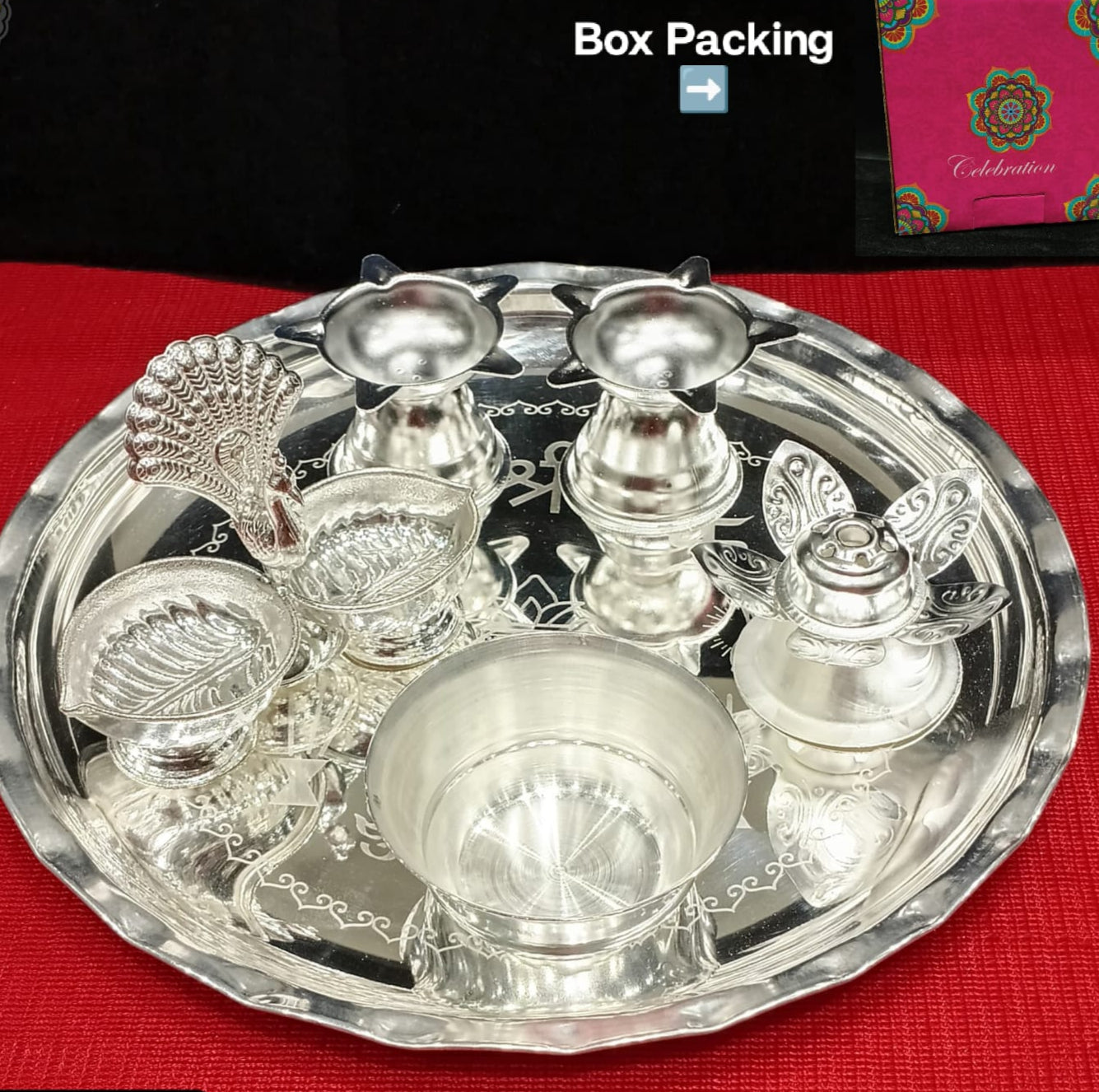 silver plated pooja thali set of 6 pieces for housewarming/ diwali