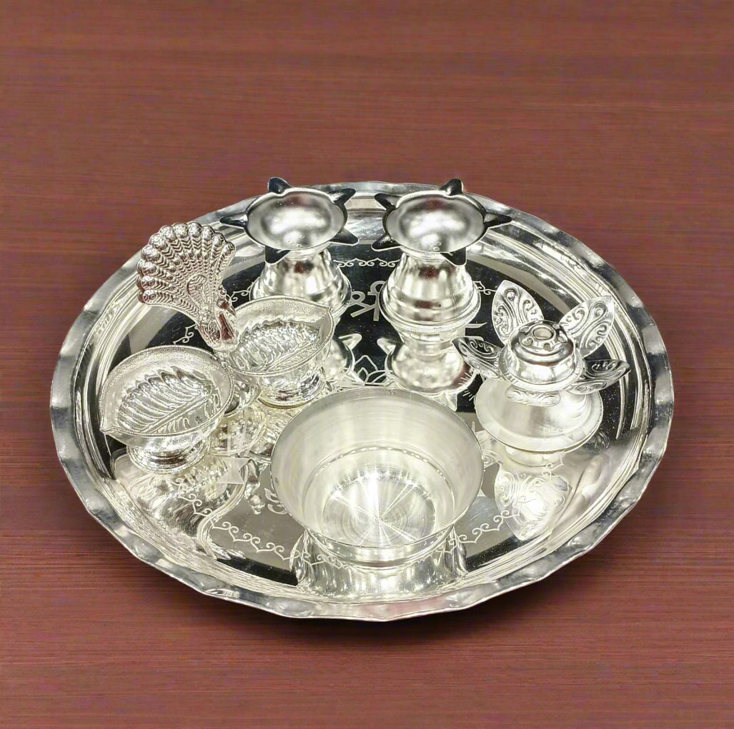 silver plated pooja thali set of 6 pieces for housewarming/ diwali